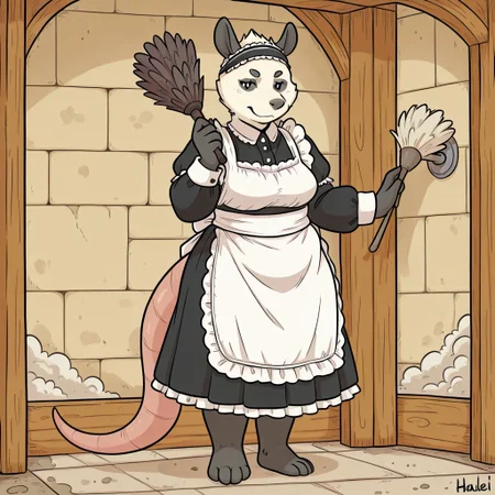Poppy(PP), Solo, 1girl, anthro, furry female, Possum, American opossum, white and black fur, hazel eyes, black nose, thick tail, slightly chubby, full body, looking at viewer, traditional maid outfit, maid headband, frilled apron, feather duster, dusting wall, dirt clouds, indoors, castle setting,