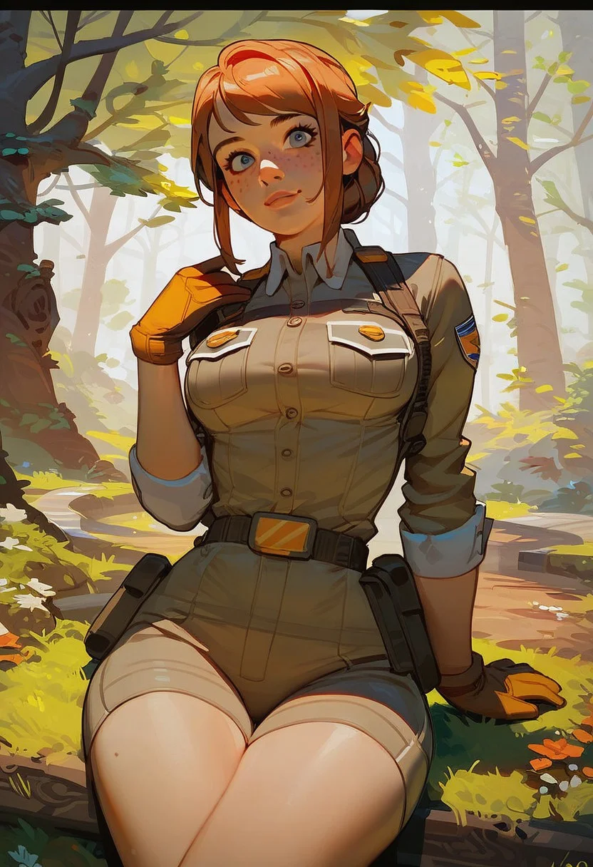 (score_9, score_8_up, score_7_up), 1girl, freckles, 1woman, gorgeous girl, kawaii face,  cute face, cute woman, updo, bangs, park ranger uniform, (slim fit), sexy thighs, ((wide hips)), park ranger, redwood forest, pretty body, breast focus