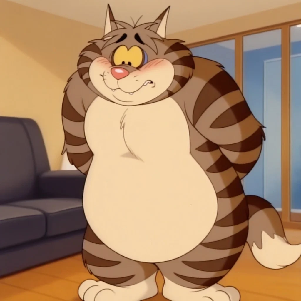 masterpiece, best quality, amazing quality, official artstyle, c1yd3, male, furry male, anthro, solo, cat, short hair, brown fur, two-tone fur, dark brown stripes, yellow sclera, black eyes, blue eyelids, red nose, buck teeth, tail, overweight, standing, embarrassed, blush, hands behind back, indoors, living room,
