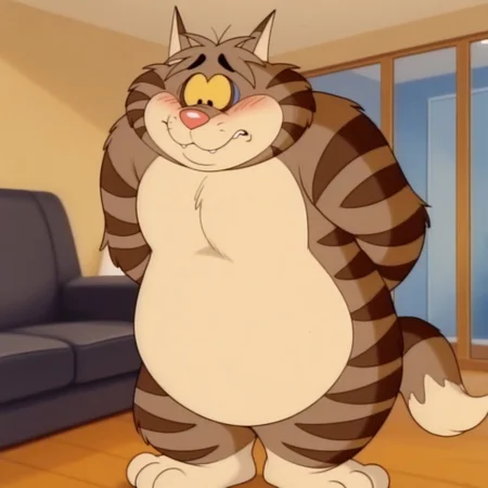 masterpiece, best quality, amazing quality, official artstyle, c1yd3, male, furry male, anthro, solo, cat, short hair, brown fur, two-tone fur, dark brown stripes, yellow sclera, black eyes, blue eyelids, red nose, buck teeth, tail, overweight, standing, embarrassed, blush, hands behind back, indoors, living room,