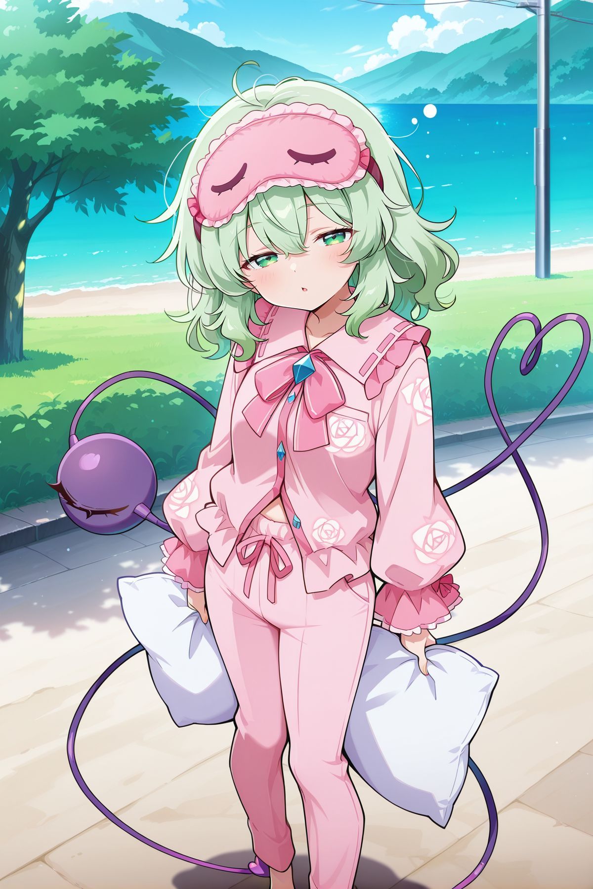 absurdres, highres, masterpiece, best quality, amazing quality, official anime artwork, screencap, anime screencap, outdoors, looking at viewer, dynamic pose, standing,
 <lora:Komeiji-Koishi_IllustriousV2:1> komeiji koishi, 1girl, solo, green eyes, green hair, medium hair, third eye, heart of string,, komeiji koishi \(the wandering rose\), alternate costume, messy hair, sleep mask, pink bow, pink pajamas, pink shirt, frilled shirt collar, long sleeves, frilled sleeves, rose print, pink pants, barefoot, holding pillow, sleeping, yawn,