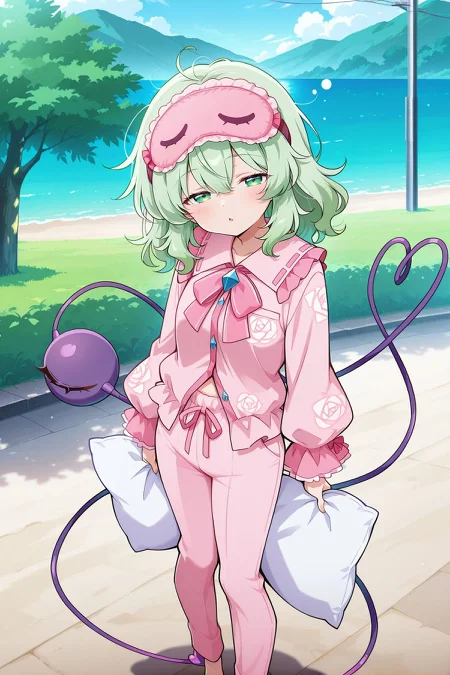 absurdres, highres, masterpiece, best quality, amazing quality, official anime artwork, screencap, anime screencap, outdoors, looking at viewer, dynamic pose, standing,
<lora:Komeiji-Koishi_IllustriousV2:1> komeiji koishi, 1girl, solo, green eyes, green hair, medium hair, third eye, heart of string,, komeiji koishi \(the wandering rose\), alternate costume, messy hair, sleep mask, pink bow, pink pajamas, pink shirt, frilled shirt collar, long sleeves, frilled sleeves, rose print, pink pants, barefoot, holding pillow, sleeping, yawn,