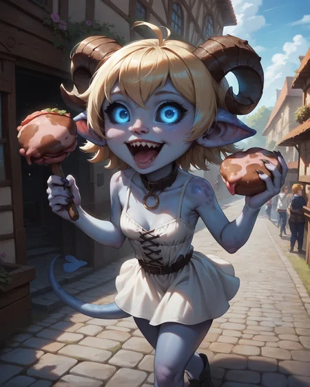 score_9, score_8_up, score_7_up, medieval road, cobblestone, town market, fantasy setting, natural light interplay on hair, hair gloss, detailed background, subsurface scatter, day, god rays, people walking by, focus face, portrait, closeup, from above
<break>
Shortstack skinny female forest spirit, monster girl, curled horns, claws, (tail), semi-realistic, solo, (small breasts:1.2), face close-up+, (((mottled) grey and blue skin)), petite+, detailed hands, cute, (short girl:1.2), young, beautiful, thick thighs, white sundress, beautiful, sharp teeth, (black sclera), (glowing eyes), blue eyes, collar, short hair, blonde hair, ((delight, wonder, awe)), ((mouth open)), happy, Holding meat with both hands, joy, looking up at viewer,