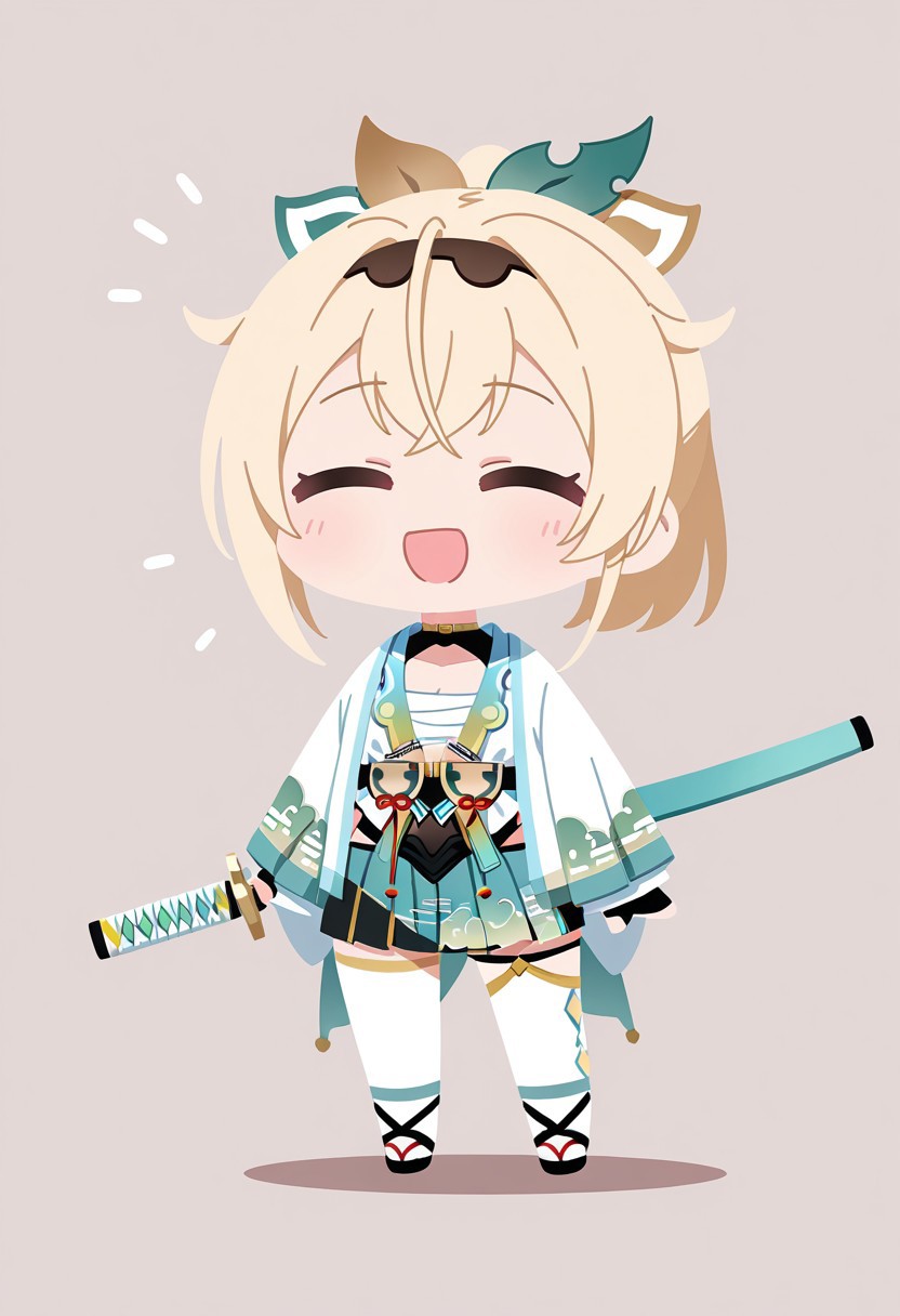 1girl, kazama iroha, deformed, holds a katana, happy face, masterpiece, best quality, amazing quality, no lineart, flat color, cartoon, sideshot,