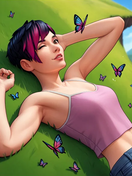 PonyXLV6_Scores, tall grass, blue sky, plains, butterflies, from side, 1girl, upper body, lying on back, arched back, looking at viewer, puckering, puckered lips, wink, <lora:juneTS4_PDXL:0.8> junets4, short hair, black hair, pink highlights, brown eyes, pink cropped camisole,