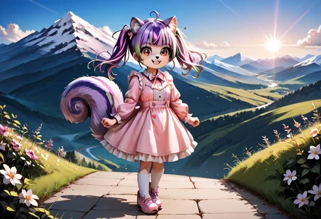 1girl,8K, best quality, best resolution,score_9,score_8_up,score_5_up,score_7_up,score_6_up,best quality,source_anime,Mauveko,pink dress,big eyes,detailed eyes,detailed face,BREAK,outside,mountain background, pastel lighting effect,light beam,full body,
<lora:my_OC_No.01_Mauvekoã¢ã³:0.8>