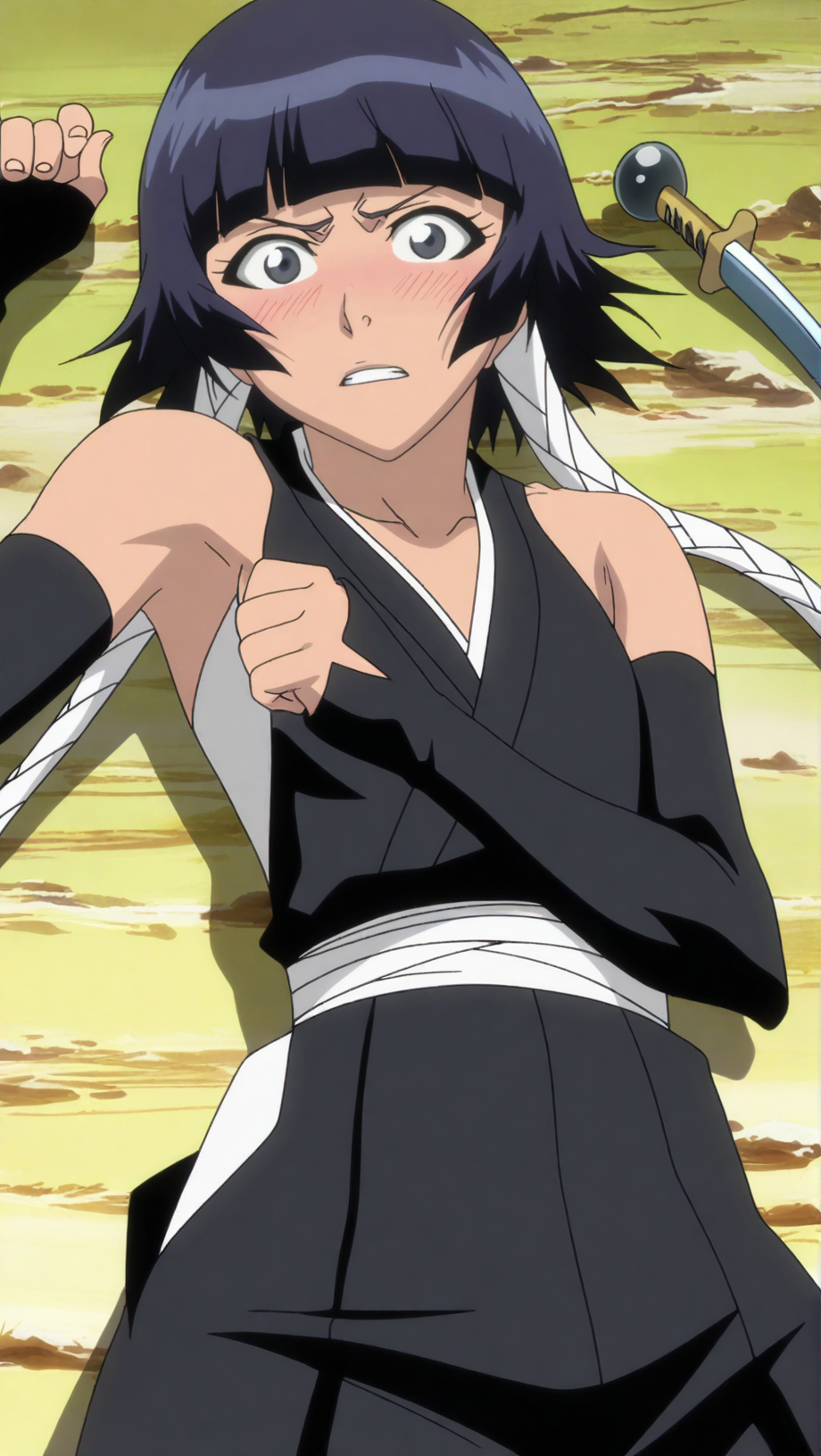 source_anime, masterpiece, best quality, amazing quality, anime screencap, high quality, 8k, absurdres, official style, 1girl, lying down, on back, looking at viewer, embarrassed, blushing, <lora:Soifon_iL:1>, s01 f0n, black eyes, black hair, short hair, short hair with long locks, blunt bangs, bankai outfit, hakama, black hakama, gloves, elbow gloves, bare shoulders, detatched sleeves, japanese clothes, backless outfit, weapon,