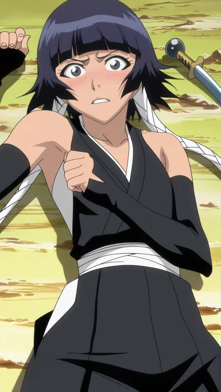 source_anime, masterpiece, best quality, amazing quality, anime screencap, high quality, 8k, absurdres, official style, 1girl, lying down, on back, looking at viewer, embarrassed, blushing, <lora:Soifon_iL:1>, s01 f0n, black eyes, black hair, short hair, short hair with long locks, blunt bangs, bankai outfit, hakama, black hakama, gloves, elbow gloves, bare shoulders, detatched sleeves, japanese clothes, backless outfit, weapon,