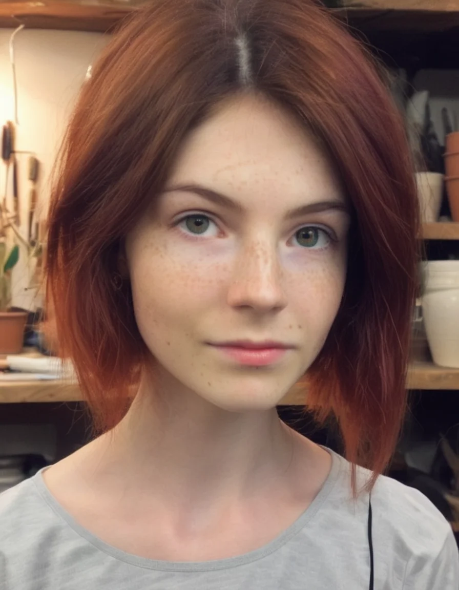 an unfiltered selfie with ambient lighting, captured by aleah michele ford; it is showcased a russian, grown-up, and fit girl, having a ruby-haired short haircut and gills; wearing a long private school uniform with detailed fabric; standing with a relaxed pose amidst a pottery workshop. <lora:AnalukXL8:1>