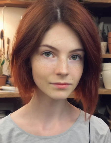 an unfiltered selfie with ambient lighting, captured by aleah michele ford; it is showcased a russian, grown-up, and fit girl, having a ruby-haired short haircut and gills; wearing a long private school uniform with detailed fabric; standing with a relaxed pose amidst a pottery workshop. <lora:AnalukXL8:1>
