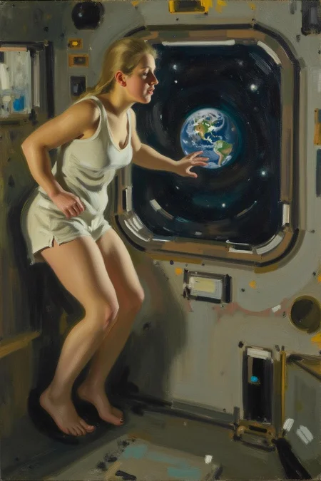 anderszorn1 painting.
Side profile view of a blonde, floating weightless, space station. She is wearing short shorts, white tank top and barefoot, and looking outside towards earth. She is melancholic, and is thinking of her family back on earth.
<lora:anderszorn2_cap_d6a3:1.0><lora:836656919419649050:0>