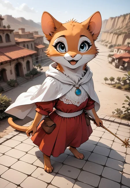 score_9, score_8_up, score_7_up, score_6_up, score_5_up, score_4_up, 
[][][][][] 
orange fur, grey eyes, (cat), (cute:2)
[][][][][] 
(solo), red tunic, white sash, white hooded cape, blue amulet, (furry:0.8), (feral), (look at viewer), (open mouth), desert, holding scepter, standing full body shot, tail, (standing on rooftop:1.5), city, high angle view,