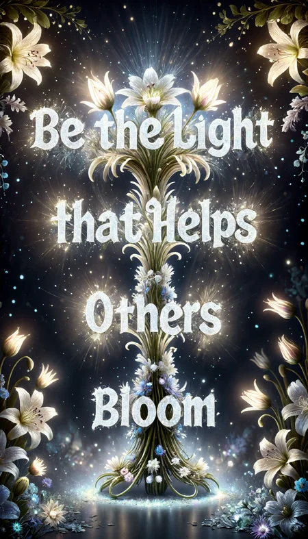 punk collage style flower style, text "Be the Light that Helps Others Bloom" lightlora, made from light, light particles, glowing . mixed media, papercut,textured paper, overlapping, ripped posters, safety pins, chaotic layers, graffiti-style elements, anarchy symbols, vintage photos, cut-and-paste aesthetic, bold typography, distorted images, political messages, urban decay, distressed textures, newspaper clippings, spray paint, rebellious icons, DIY spirit, vivid colors, punk band logos, edgy and raw compositions, cinematic, atmosphere, colors, epic, intricate, highly detailed, elegant, sharp focus, fair, open, shining, artistic, deep color, colorful, surreal, symmetry, shiny, beautiful, divine, sublime, amazing, pure, fine