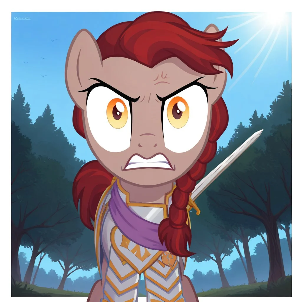 score_9, score_8_up, score_7_up, score_6_up, score_5_up, score_4_up, Equity, pony, earth pony, merlot and red brown striped mane and tail, light gold eyes, heathered grey fur, armored regalia, sword, holding sword with hoof, dynamic angle, pointing sword at viewer, show accurate, solo, cute, best high quality, high res, outside, castle, medieval, trees, sunlight, gritty, solo, cute, beautiful, standing, up close, looking at viewer, angry, gritted teeth, annoyed, threatening, leaning down, wide eyes
