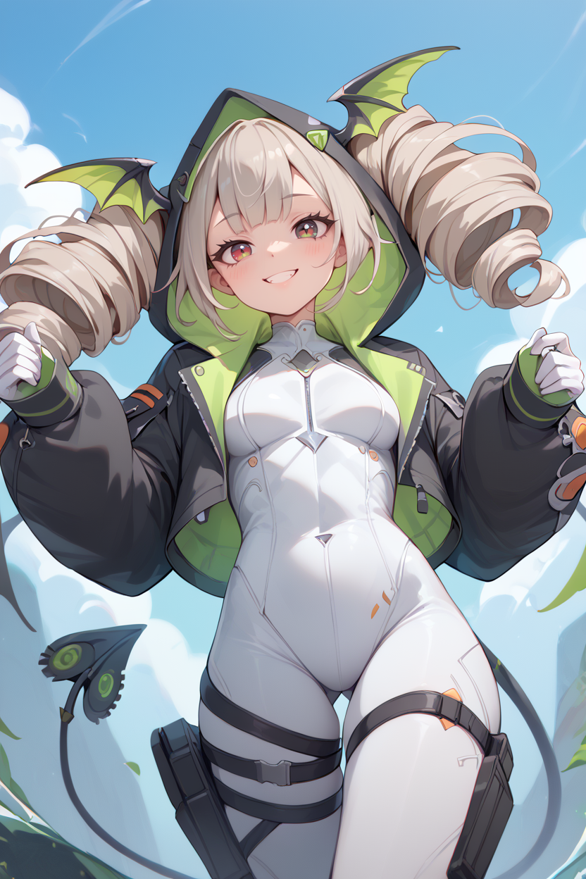 score_9, score_8_up, score_7_up, 1boy, solo, smile
 <lora:HeadWingsPony:1>  demon head wings, green head wings, multicolored head wings, 
 <lora:ChamShiroToFPonyXL:0.8>  ShiroToF, multicolored eyes, grey hair, twintails, twin drills, animal hood, black jacket, cropped jacket, white gloves, white bodysuit, thigh strap, mechanical tail