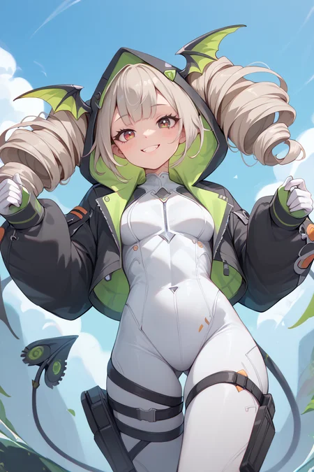 score_9, score_8_up, score_7_up, 1boy, solo, smile
 <lora:HeadWingsPony:1>  demon head wings, green head wings, multicolored head wings, 
 <lora:ChamShiroToFPonyXL:0.8>  ShiroToF, multicolored eyes, grey hair, twintails, twin drills, animal hood, black jacket, cropped jacket, white gloves, white bodysuit, thigh strap, mechanical tail