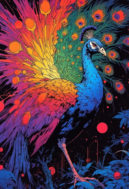 cinematic film still award winning photo .A giant peacock colored in the most beautiful rainbow colors,shallow depth of field, vignette, highly detailed, high budget, bokeh, cinemascope, moody, epic, gorgeous, film grain, grainy,anime, cyberpunk, Comic book style