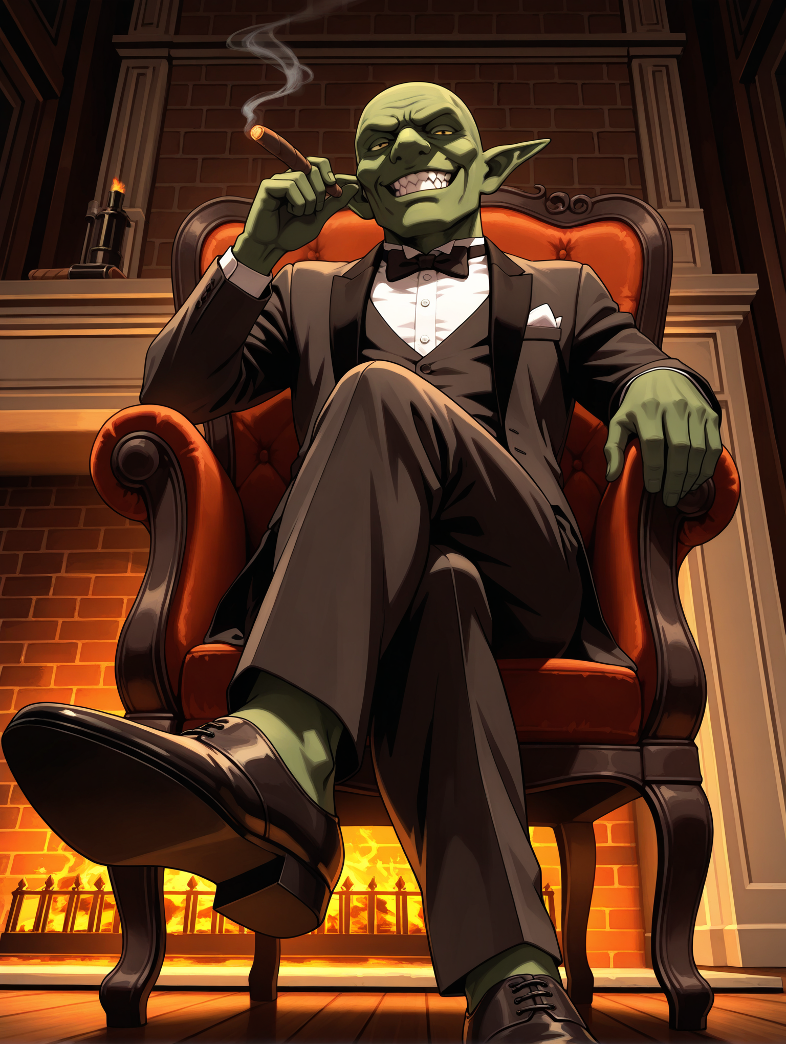 masterpiece,best quality,newest,
solo,
1boy,<lora:gob_ilxl_v1.3:1>,Gob,
<lora:Fixhands_anime_bdsqlsz_V1:1>,looking_at_viewer,simple_background,cigar,tuxedo,sitting_on_chair,fireplace,crossed_legs,looking_down,from_below,dynamic_angle,cinematic_angle,grin,