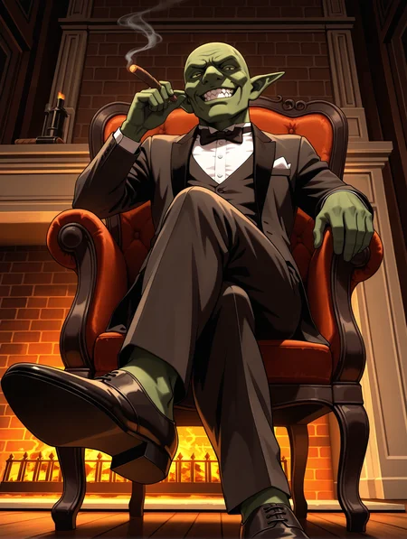 masterpiece,best quality,newest,
solo,
1boy,<lora:gob_ilxl_v1.3:1>,Gob,
<lora:Fixhands_anime_bdsqlsz_V1:1>,looking_at_viewer,simple_background,cigar,tuxedo,sitting_on_chair,fireplace,crossed_legs,looking_down,from_below,dynamic_angle,cinematic_angle,grin,