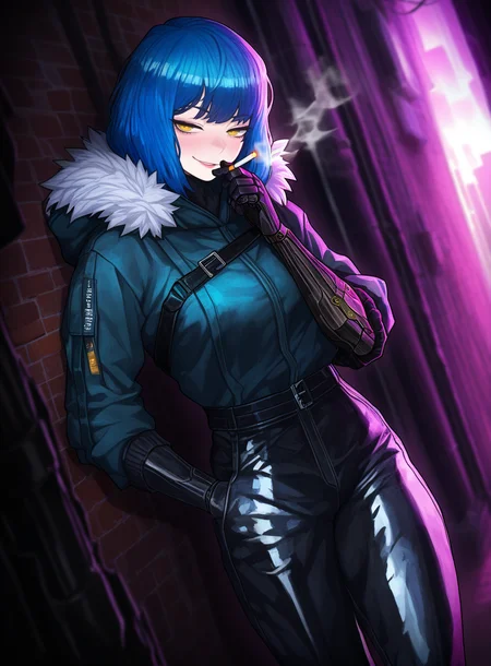 masterpiece, best quality, very aesthetic,gloss,uncensored,
BREAK
1girl, blue hair, yellow eyes, holding cigarette, streetwear,standing, seductive smile, leather pants, multiple straps, hooded jacket, city, outdoors, dark, alley, against wall, brick wall, dutch angle, fur trim, mechanical arms,
<lora:nai_ga-ill-fandingo:1>