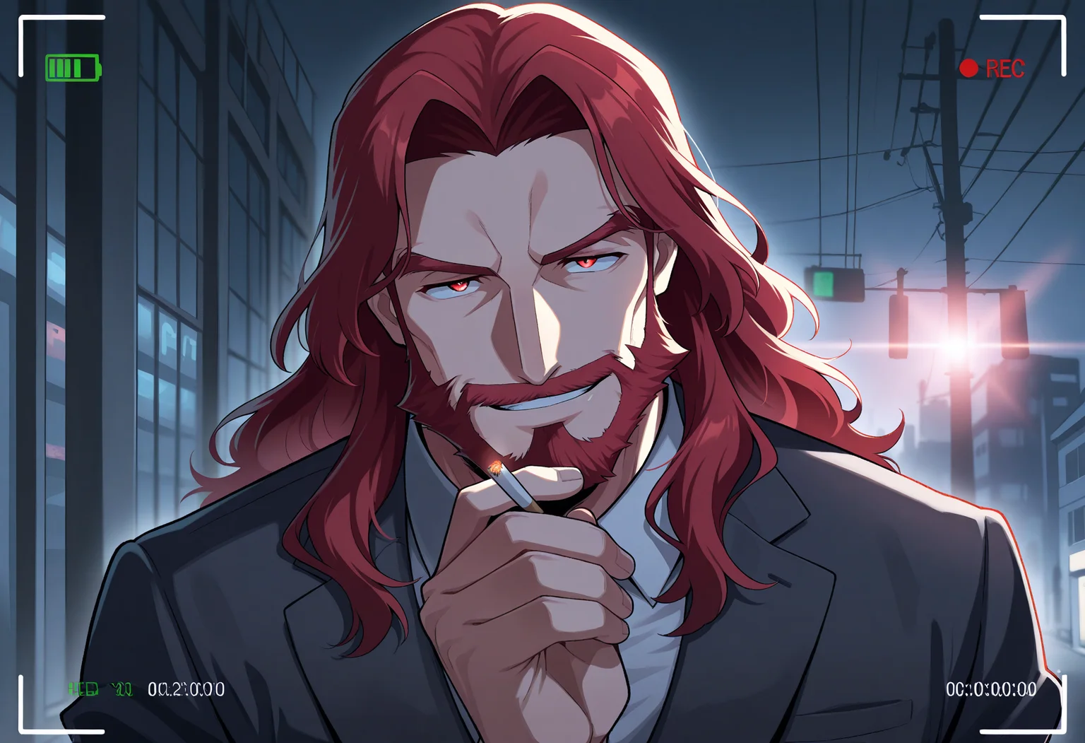 1boy, red long hair, mature male, full beard, business suit,
dark, looking at viewer, side vide, close up, head shot, hand holding cigarette, over shoulder shot, seductive smile,
cam3rafram3, white frame, REC symbol, timestamp, battery icon, HUD overlay, focus markers,
masterpiece, best quality, absurdres, newest, perfect quality, detailed background, intricate details, great lighting