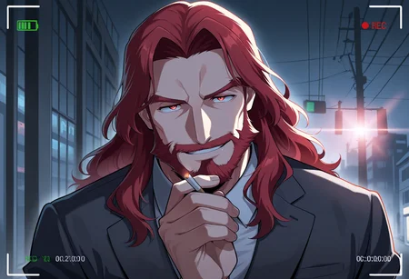 1boy, red long hair, mature male, full beard, business suit,
dark, looking at viewer, side vide, close up, head shot, hand holding cigarette, over shoulder shot, seductive smile,
cam3rafram3, white frame, REC symbol, timestamp, battery icon, HUD overlay, focus markers,
masterpiece, best quality, absurdres, newest, perfect quality, detailed background, intricate details, great lighting