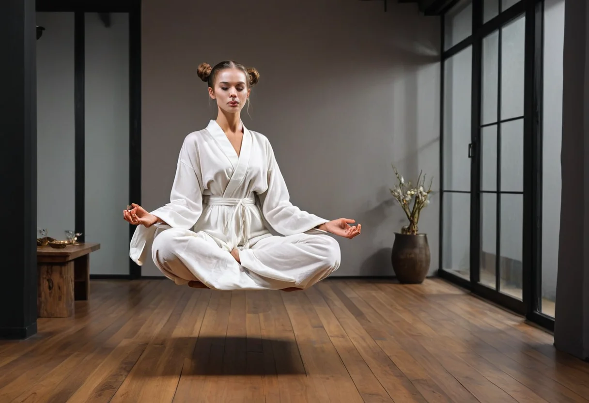 traditional media, hippie, boho, new age, natural, slender, 1girl, busty, cross-legged lotus position, levitate, lotus pose, magic, penthouse apartment , wooden floor, windows, loose white cotton kaftan, matte fabric texture, black eyesockets, facepaint, ponytail, armlet, closed mouth, barefoot,dark, night, oil painting, artwork by egon schiele and ridley scott and Jan Vermeer, sidelight, perfect face
<lora:Witch_SDXL_r1:0.5> w1+ch, <lora:Dramatic Lighting Slider:0.9> <lora:Breast Size Slider:1.5>
<lora:levitate-PNY-SDXL-SD15-Panache:1.1>