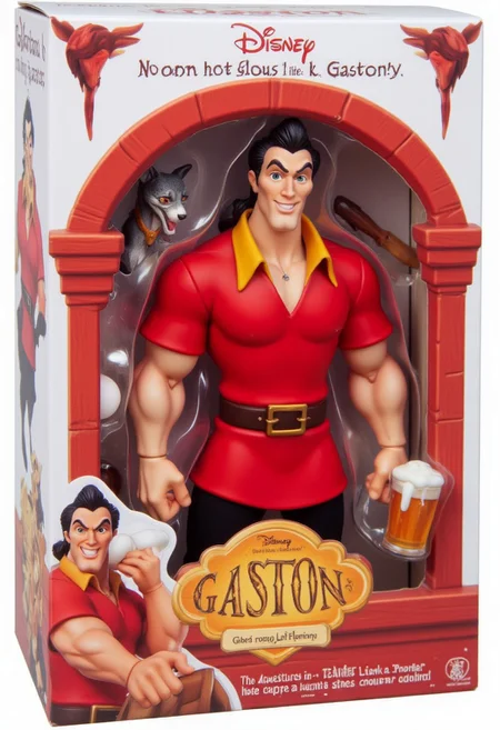 The image is a photograph of a boxed action figure from the "Gaston" line, featuring a muscular Gaston wearing red. The action figure is displayed in a red and white packaging that includes a cardboard backing with a white label at the top featuring the "Disney" logo. Extra text: "No one hot glues like Gaston!". Accessories include beer mug and eggs.