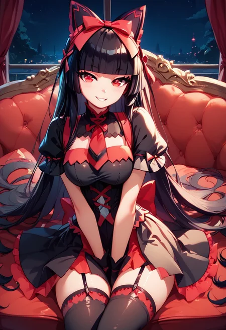 score_9, score_8_up, score_8, (curvy), cute, eyelashes,
,,,
zzRory, red eyes, long hair, black hair, blunt bangs, hime cut, very long hair, hair ribbon, black dress, black thighhighs, garter straps, bow,,,,
spreading legs, hand between legs, blush, smug,
,,,
smile, looking at viewer, blush, blurry, couch, sitting, night,
,,,
shiny skin,
,,,
zPDXL, Expressiveh,