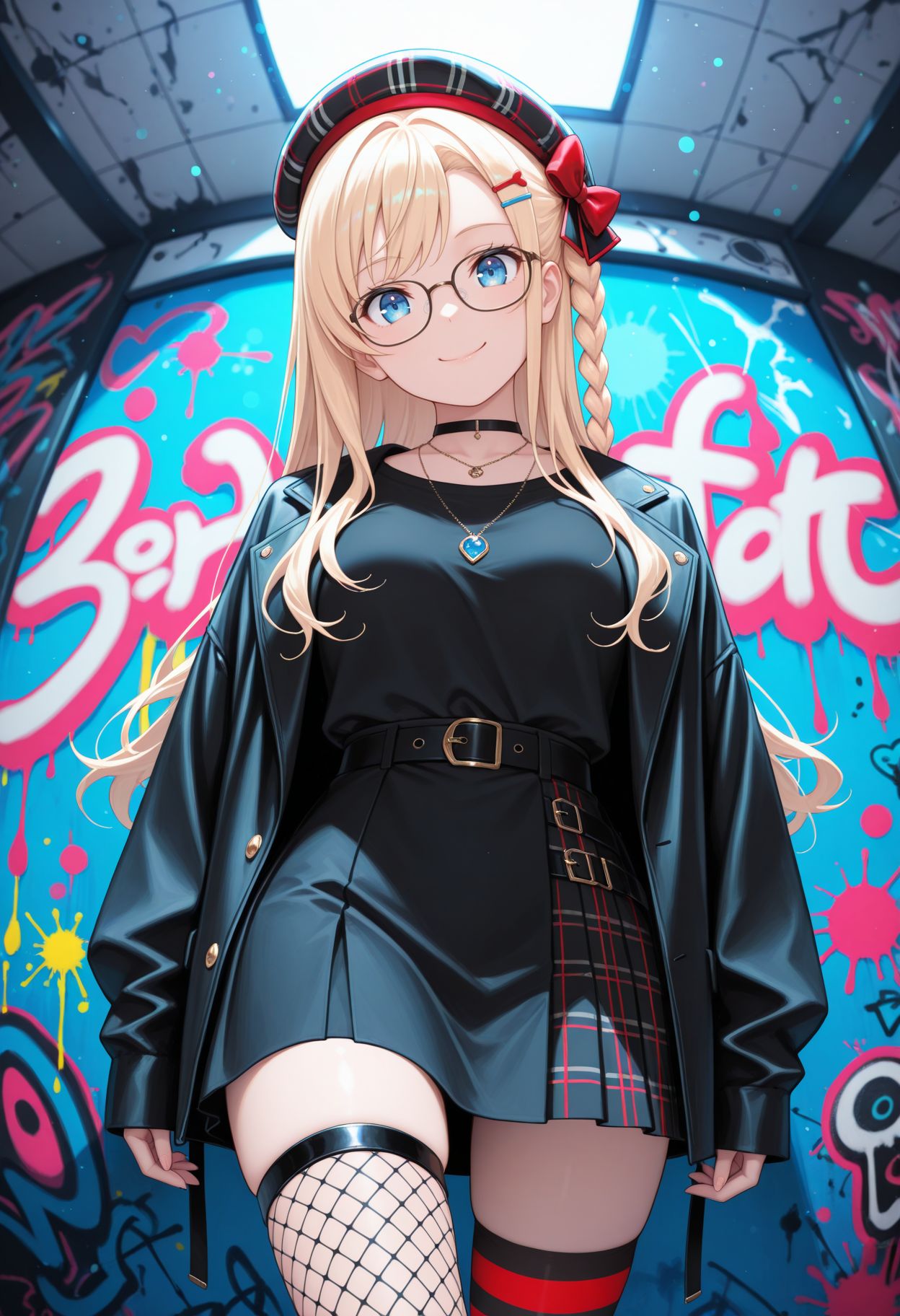 masterpiece,best quality,absurdres,highres,very aesthetic,high quality,detailed,insanely detailed,beautiful,perfect lighting, ,depth of field,blurry background,bokeh, looking at viewer,
 <lora:Wilhema  illu:0.9> 1girl, blonde hair, long hair, blue eyes, single braid, plaid beret, hat bow, hairclip, glasses, black choker, necklace, black jacket, black shirt, black belt, black skirt, asymmetrical legwear, thigh strap, fishnet thighhigh, striped thighhighs, abstract background, abstract, colorful, paint splatter,fisheye, graffiti, head up, head tilt, smile,