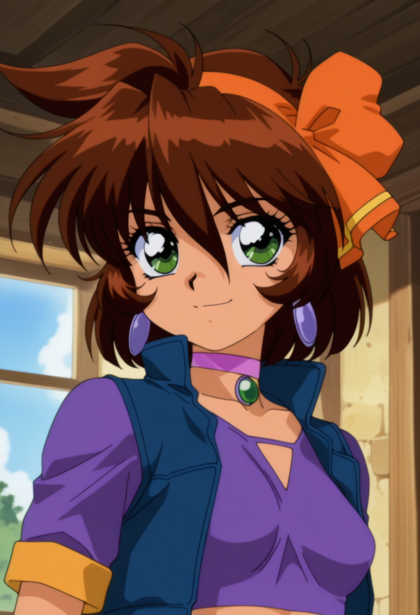 masterpiece, best quality, amazing quality, absurdres, anime coloring, retro artstyle, 1990s (style), 1girl, solo, (portrait:1.2), merrillww, green eyes, brown hair, short hair, orange hair ribbon, orange hairband, earrings, small breasts, jewelry, purple choker, crop top, blue sleeveless vest, purple shirt, looking at viewer, smile, indoors, day, skindentation, detailed clothing folds, depth of field, sharp, high contrast, dynamic light <lora:Merrill_Mahou_Senshi_Louie_ill:0.9>