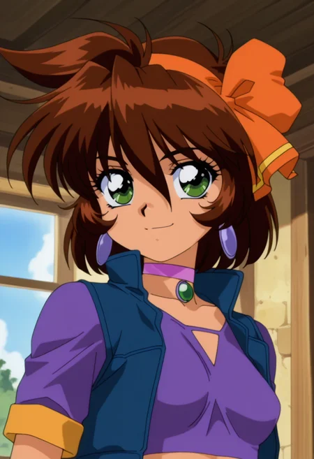 masterpiece, best quality, amazing quality, absurdres, anime coloring, retro artstyle, 1990s (style), 1girl, solo, (portrait:1.2), merrillww, green eyes, brown hair, short hair, orange hair ribbon, orange hairband, earrings, small breasts, jewelry, purple choker, crop top, blue sleeveless vest, purple shirt, looking at viewer, smile, indoors, day, skindentation, detailed clothing folds, depth of field, sharp, high contrast, dynamic light <lora:Merrill_Mahou_Senshi_Louie_ill:0.9>