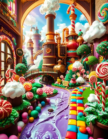 A whimsical and magical photo of Willy Wonkaâs Chocolate Factory. The scene captures the exterior of the factory, featuring a towering, fantastical building with colorful, crooked chimneys puffing out clouds of candy-scented steam. The walls are made of vibrant bricks in shades of purple, gold, and red, with intricate candy-inspired patterns carved into the structure. A large, ornate gate made of swirling lollipop shapes stands at the front, with the name "Willy Wonka" emblazoned in gold letters. Surrounding the factory is a lush, surreal landscape filled with oversized candy canes, gumdrop bushes, chocolate rivers, and trees made of cotton candy. The sky is bright and cheerful, with fluffy clouds that resemble whipped cream. The entire setting feels magical, playful, and inviting, full of bright, saturated colors and incredible, dreamlike details that spark the imagination.
<lora:SDXLFaeTastic2400:0.4> <lora:extremely_detailed:0.4> extremely detailed, <lora:Willy_W0nk4_chocolate_f4ct0ry:1>,Willy W0nk4 chocolate f4ct0ry, Masterpiece,best quality,hi res,8k,hi res,8k,award winning,(sharp focus, intricate, highly detailed),