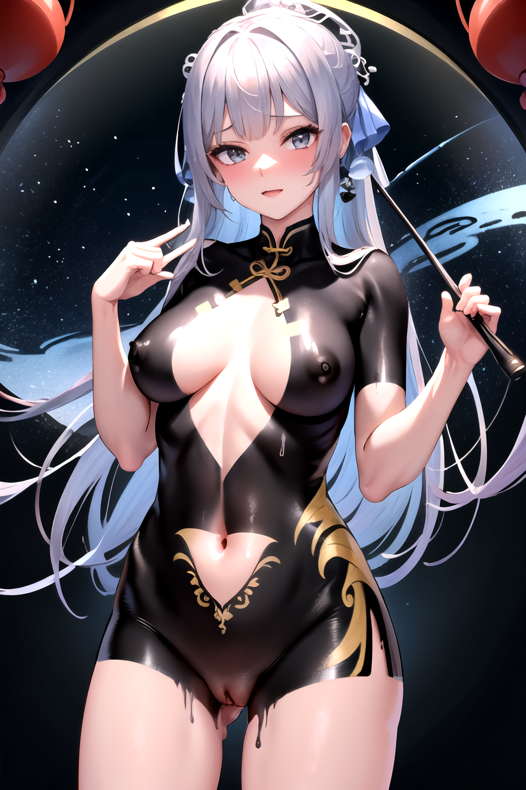 masterpiece, best quality, ultra-high-detailed, 1girl, painted clothes, bodypaint, pussy, black chinese dress