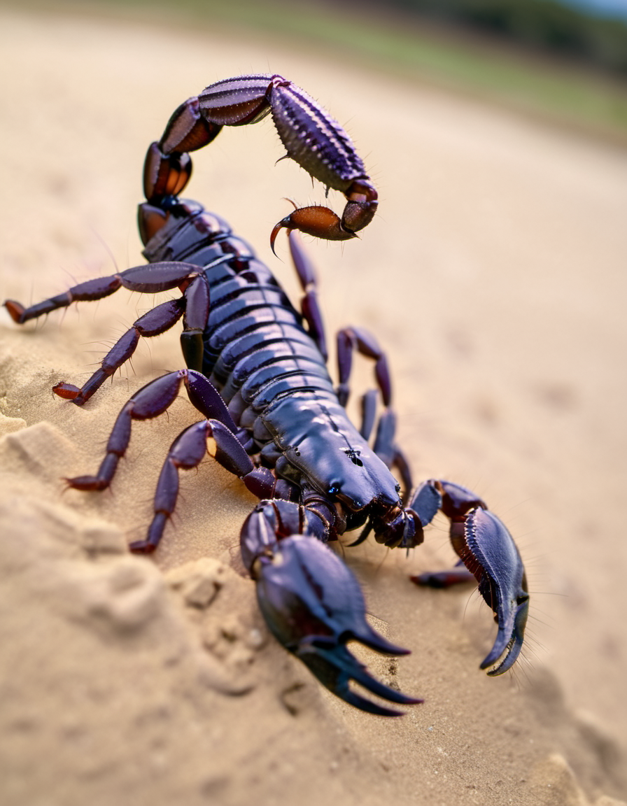 (Realistic:1.5) EdobScorpion, solo, purple theme, food, 1other, sand, nude, fangs, ambiguous gender, field, sky, shadow, <lora:EdobScorpionPhotoReal_XL_v1.0:0.8>
