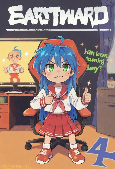 score9, score_8_up, score_7_up, colorful, vibrant, 1girl, solo, rating_safe, <lora:konata:0.7> Konata Izumi,  long hair, blue hair, ahoge, green eyes, mole, serafuku, red skirt, red sailor collar, shoes, brown tighhighs, Konata Izumi giving a thumbs up to the viewer while sitting on her gamer chair, indoors, bedroom, gaming computer, rgb lights, gaming keyboard, gamer chair, (sitting on a chair:1.3), closed curtains, character focus, close up, character focus, close up, (thumbs up:1.3), sparkles, large text, (large text that spells EASTWARD), <lora:Eastward_Countdown_Poster-000006:1> eastwardposter,