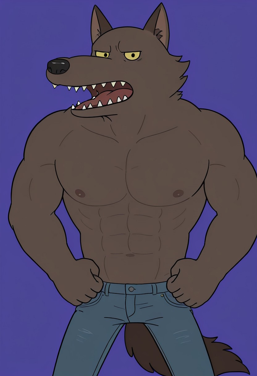 score_9_up, score_8_up, score_7_up, detailed, high quality, masterpiece, best quality, amazing quality, solo, male, anthro, w0lfman-bare-chest, werewolf, brown fur, yellow eyes, dark nose, teeth, muscles, abs, pecs, nipples, bare chest, skinny jeans, brown tail, half body, standing, looking at viewer neutral expression, open mouth, arms down, purple background.