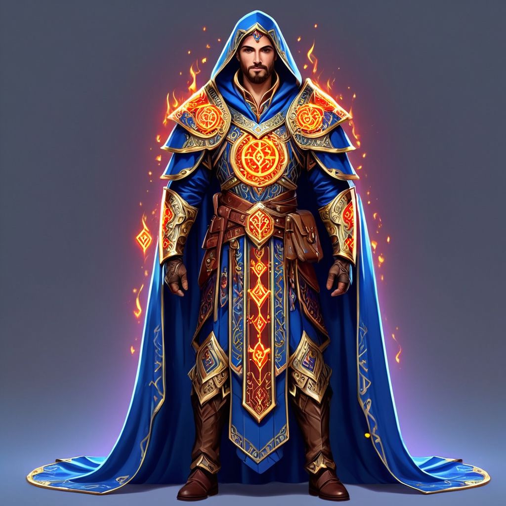 Flashfire glowing runes, full body, 1 mage wearing a royal robe, digital art, high quality, background royal court