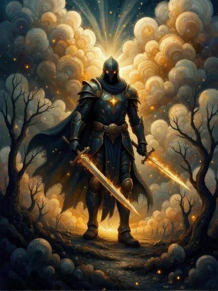 <lora:ck-swirlycircles-000015.safetensors:1> digital artwork in the style of ck-swc
In the heart of a desolate, stormy wasteland, a lone figure emerges from the shadows. The warrior, a towering adult of about 35 years, wears armor that is a stark blend of golden and black, its intricate designs hinting at ancient, arcane secrets. The armor is not just protective; it seems to pulsate with an otherworldly energy, the glowing orange elements casting an eerie, flickering light on the surrounding desolation. The warrior’s face is hidden behind a helm, but the eyes that peer from within are a deep, burning red, filled with an unsettling intensity.
The warrior’s sword, a long, double-edged blade, is engulfed in flames that seem to dance and twist like living entities. The flames cast long, jagged shadows across the stormy, smoke-filled sky, where dark, twisted clouds churn and swirl in a chaotic dance. The sky is a mélange of gray and dark yellow, the colors of decay and corruption, adding to the oppressive and nightmarish atmosphere.
The ground is littered with the remnants of a long-forgotten battle, broken weapons and shattered armor scattered among twisted, gnarled trees that seem to reach out with skeletal branches. The air is thick with the scent of sulfur and ash, and a low, haunting melody can be heard in the distance, as if the very earth is mourning the horrors that have transpired here.
The warrior stands in a dynamic pose, one foot forward and the sword raised, ready to strike. The tension is palpable, as if the air itself is bracing for the next terrifying strike. The scene is a symphony of darkness, fear, and the macabre, a nightmare brought to life in vivid, horrifying detail.