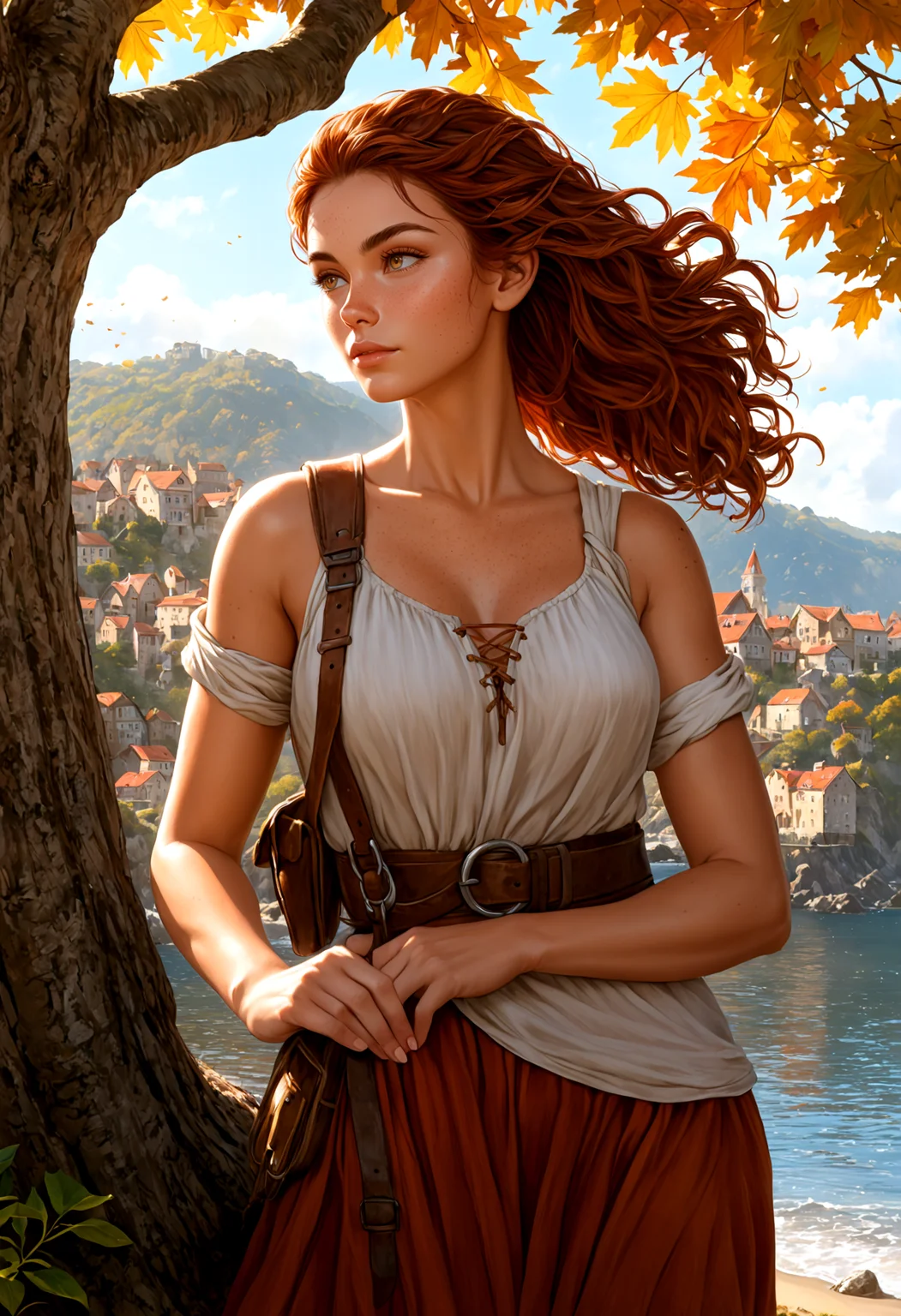 (photorealism:1.5)
female adventurer, thoughtful expression, gazing at the majestic tree, falling leaves, calm coastal village in the background, warm sunlight, vibrant colors, high contrast, hyper-realistic, serene atmosphere, pensive pose, detailed, high-definition, reflective mood, peaceful setting
slight freckles, long eyelashes, thick eyebrows,