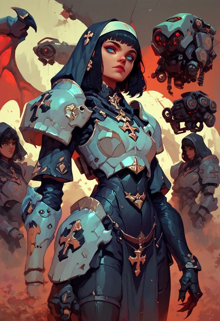 score_9, score_8_up, score_8_up, Battle nun, portrait, blue eyes, black hair, beautiful, long legs, mech armor, demonic