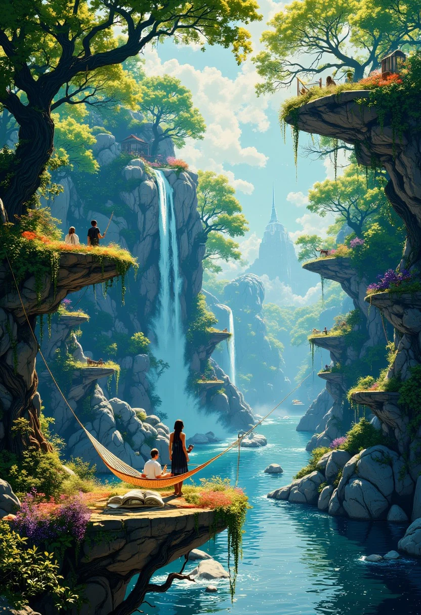 The Opalescent Horizon Grove
A weightless biosphere, where tree-covered platforms hover over an endless mirror lake, reflecting the soft glow of the opal-colored sky. Intricately woven vines curl around suspended hammocks of glowing silk, while waterfalls cascade gently from floating cliffs, dissolving into mist before they touch the ground. Massive quartz-like sculptures, etched with golden filigree, pulse softly, resonating with the unseen music of the cosmos. The air is thick with the aroma of fresh rain, wild honeysuckle, and warm petrichor, while the distant hum of soft synth harmonics drifts through the grove.