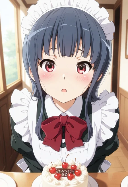 masterpiece,best quality,amazing quality, yoroizuka mizore, long hair, light blue hair, cherry-red eyes, 1girl, solo, maid headdress, maid, food, blush, looking at viewer, red bow, bow, cake, open mouth