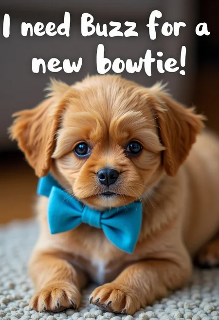 A cute and sad little dog with orange fur and blue bowtie. Its written "I need Buzz for a new bowtie!" In white letters above the picture