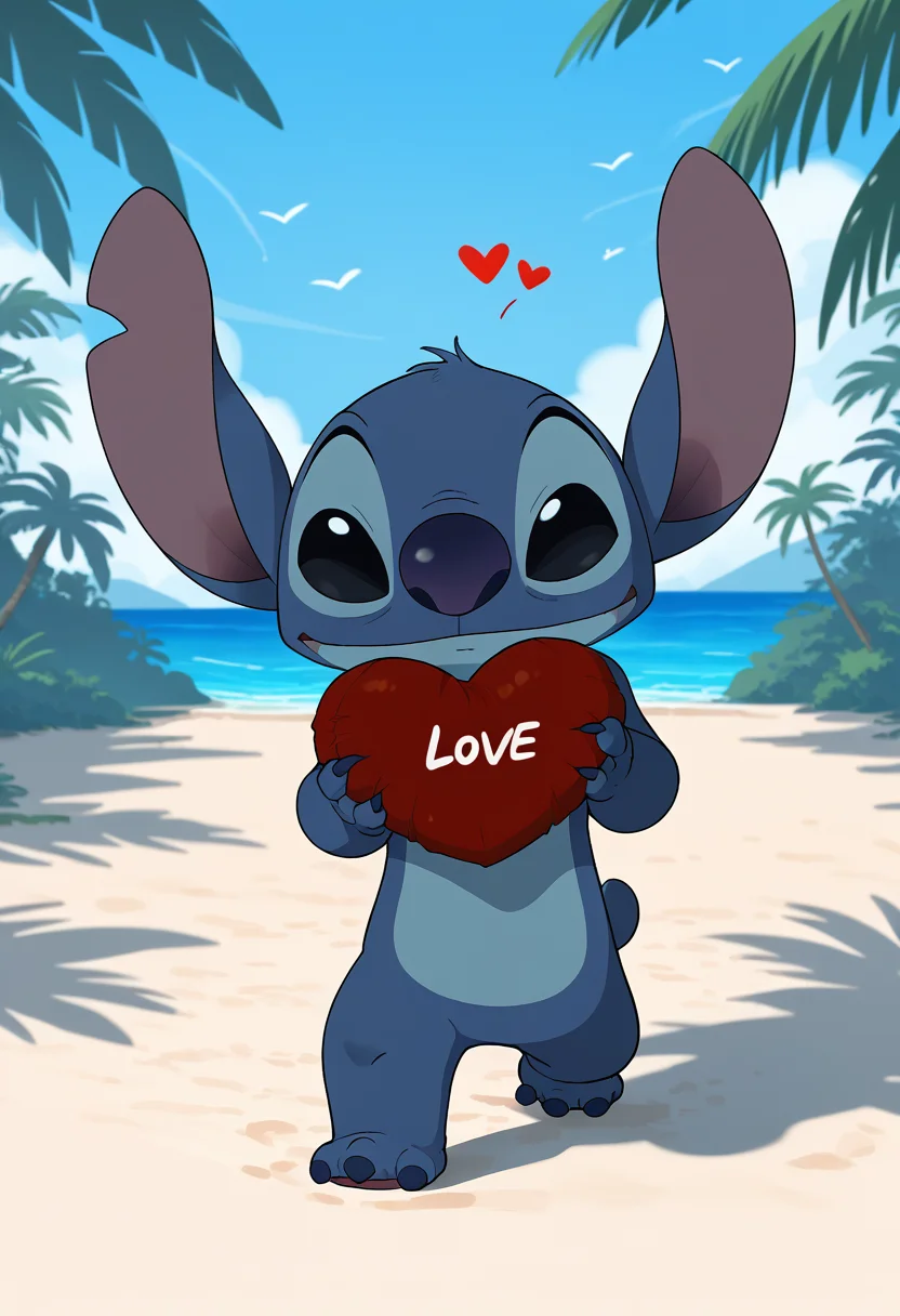 zPDXL3, rating_safe, on a tropical beach, sunny paradisiac day, walking carefully, <lora:Experiment_626_aka_Stitch_Lilo_and_Stitch_for_PonyXL:1> 1boy, st1tch, black eyes, furry, in love,cute, happy, holding a large (bright red:1.2) heart shaped pillow in both hands, flying hearts