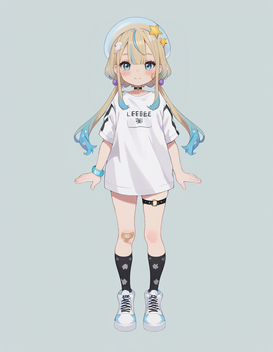 score_9, score_8_up, score_7_up, BREAK ,rating_explicit,
jeleechan, 1girl, bandaid on leg, bandaid, solo, twintails, shirt, multicolored hair, smile, blue hair, hat, blue eyes, bandaid on arm, bandaid on knee, shoes, white shirt, white background, simple background, full body, socks, white footwear, low twintails, hair ornament, long hair, closed mouth, black socks, jewelry, standing, bangs, short sleeves, blush, virtual youtuber, bracelet, beret, white headwear, looking at viewer, choker, star (symbol), star hair ornament, blonde hair, thigh strap, sneakers, sidelocks <lora:jelee-chan CAME:1>