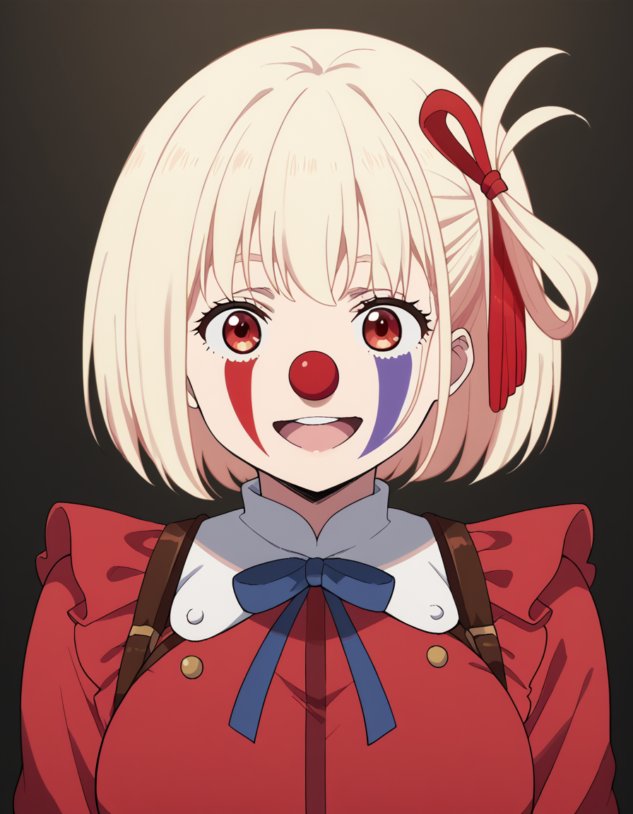 score_9, score_8_up, score_7_up, source_anime, chisatonishikigi, <lora:chisato-nishikigi-s1-ponyxl-lora-nochekaiser:1>, chisato nishikigi, short hair, bangs, blonde hair, red eyes, hair ribbon, one side up, bob cut, large breasts,, <lora:clown-ponyxl-lora-nochekaiser:1>, clown, makeup, clown nose, facepaint, gloves, long sleeves, frills, dress,, smile, open mouth, smug,, cowboy shot