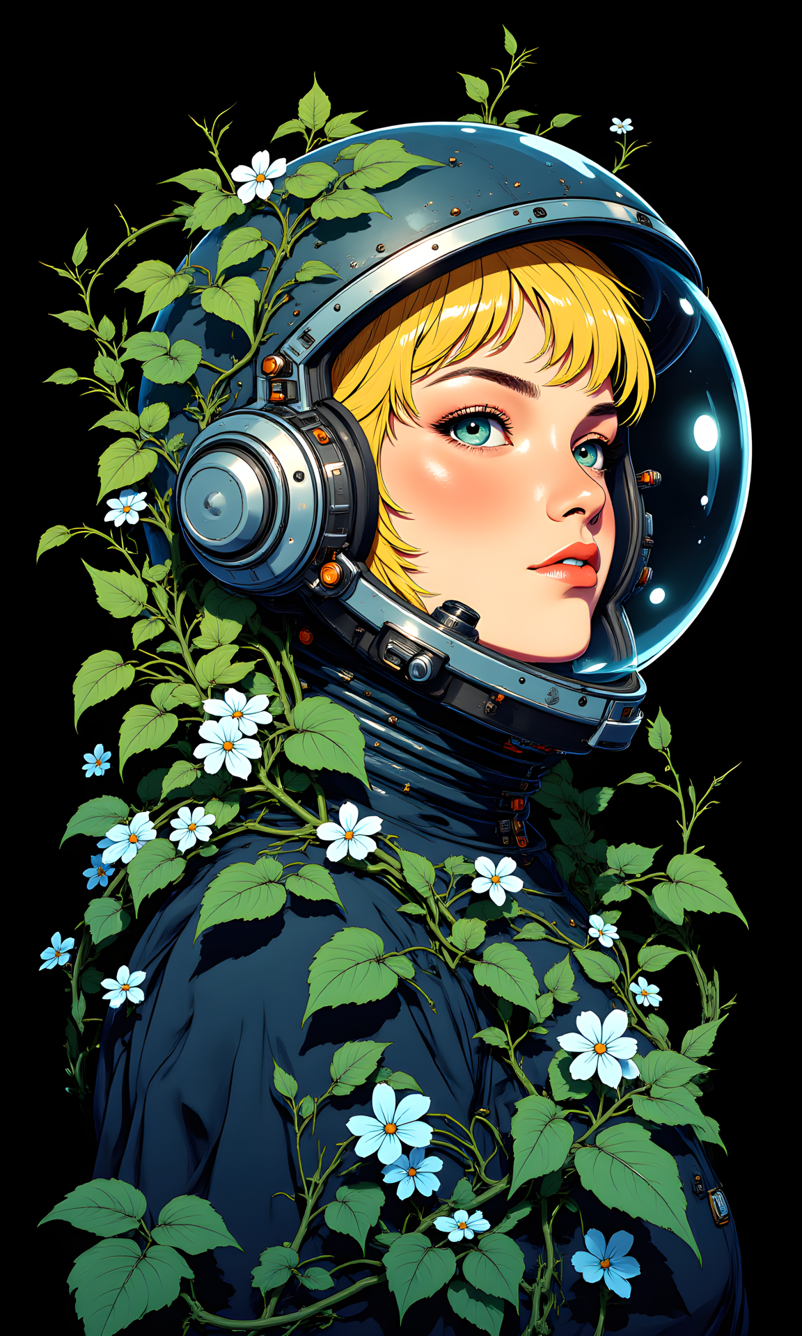 A vibrant, modern art style which features a blonde woman bust,her head prominently displayed at the center of the composition. The bust is encased in a futuristic, metallic space suit and helmet with a large, transparent visor that covers the upper part of the head.
Surrounding the head and helmet is a lush, green vine that wraps around the base and extends upwards, partially concealing the helmet. The vine is filled with small, gradient light blue flowers, adding a touch of color and life to the otherwise dark and eerie scene. The background is a deep, dark black, which contrasts sharply with the vibrant colors of the womans head and the flowers, making them stand out prominently.
The overall texture of the image is smooth and polished, with a high level of detail in both the womans head and the helmet. The combination of the bust, the suit, the helmet, and the organic elements creates a striking, almost paradoxical juxtaposition of the natural and the artificial.
BREAK j_art, <lora:FLUX\jul\J_Anime:1.0>, <lora:FLUX\RetroAnimeS1.1:0.0>, <lora:FLUX\GLSHS:0.0>, <lora:FLUX\Dieselpunk Delight - s0_9 g4:0.0>