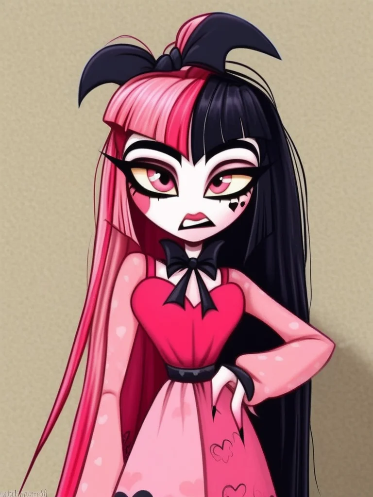 1 girl, 1 person, solo, <lora:HelHazbinV2:1> hellhazbin , <lora:Draculora:1> draculaura, streaked hair, pink hair, black hair, two-tone hair, pink eyes,