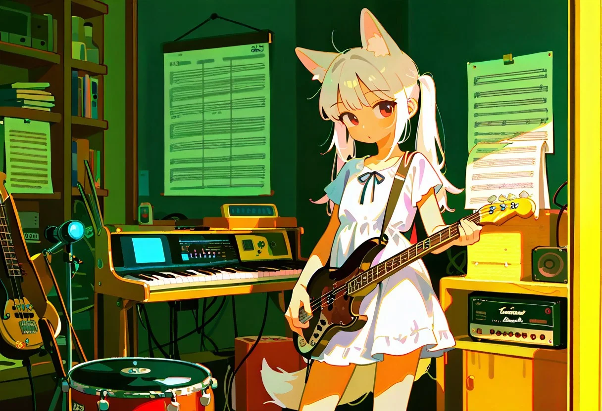masterpiece, best quality, amazing quality, absurdres, newest, sfw, 1girls, solo, trendy outfits, shade, white dress, long hair, twintails, white hair, fox ear, blue shadow, candit shot, white fox tail, flat color, no lineart, contrapposto, indoors, music store, Guitars, Keyboards, Drums, Bass guitars, Microphones, Amplifiers, Sheet music, Music stands, Tuners, sun light, blue light,
tianliang_duohe_fangdongye:0.7